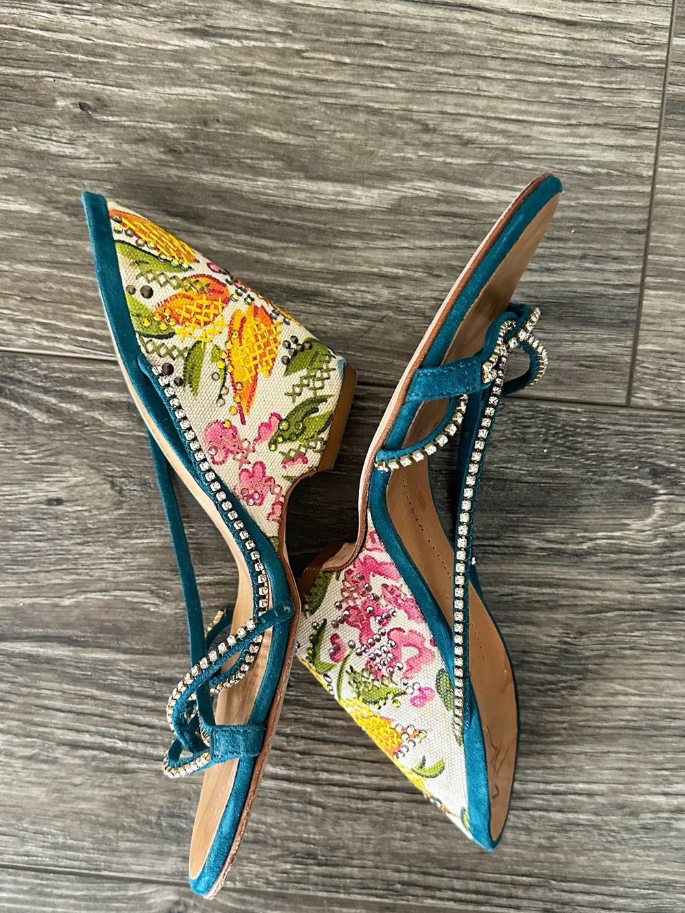 Giuseppe Zanotti Teal Trim Floral Embroidered Wedge Slingback Mules